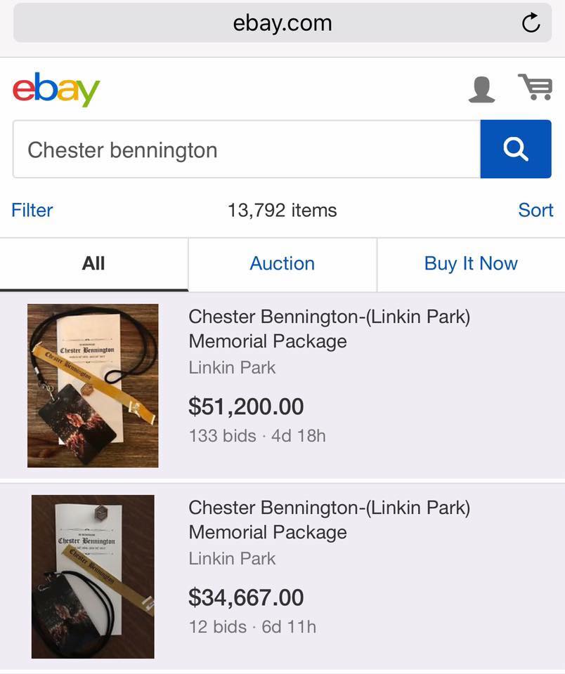 The items from Linkin Park's Chester Bennington being auction off on eBay
